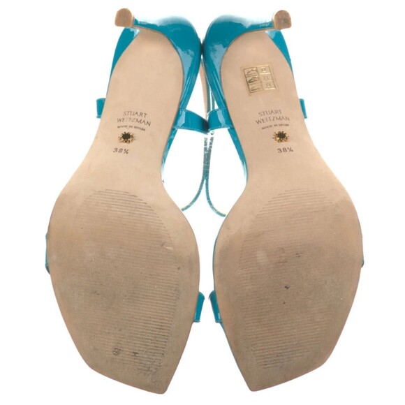 PRE-OWNED DESIGNER STUART WEITZMAN PATENT LEATHER BLUE ANLE STRAP SANDAL'S 8.5 M - Picture 6 of 13